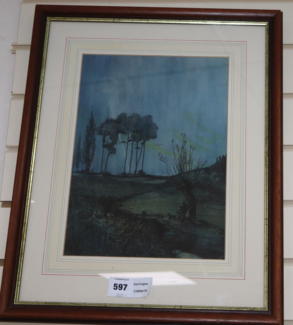 Donald Maxwell (1877-1936), ink and watercolour, Landscape with searchlight in the distance, signed, 36 x 26cm